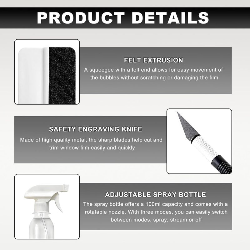 Wevdn 3 PCS Car Window Film Kit, Durable Easy to Apply Glass & Car Windows Tint Kit, Practical Window Film Installation Tools Kit Includes Felt Scraper Carving Knife 100ML Spray Bottle - Image 3
